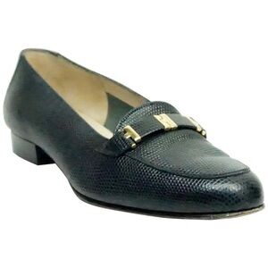 Salvatore Ferragamo VTG Black Lizard Embossed Loafers with Gold Accent Size 6.5